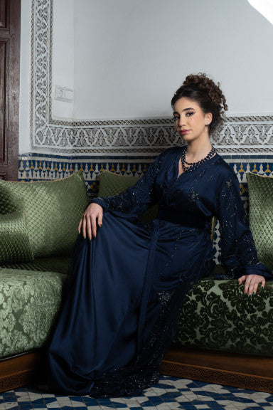Caftan Royal Bleu Nuit Deux Pièces Brodé de Paillettes