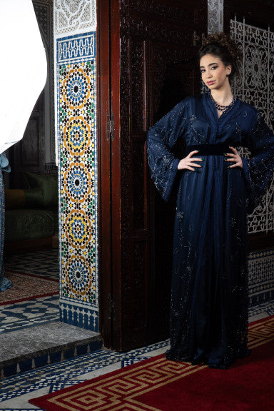 Caftan Royal Bleu Nuit Deux Pièces Brodé de Paillettes