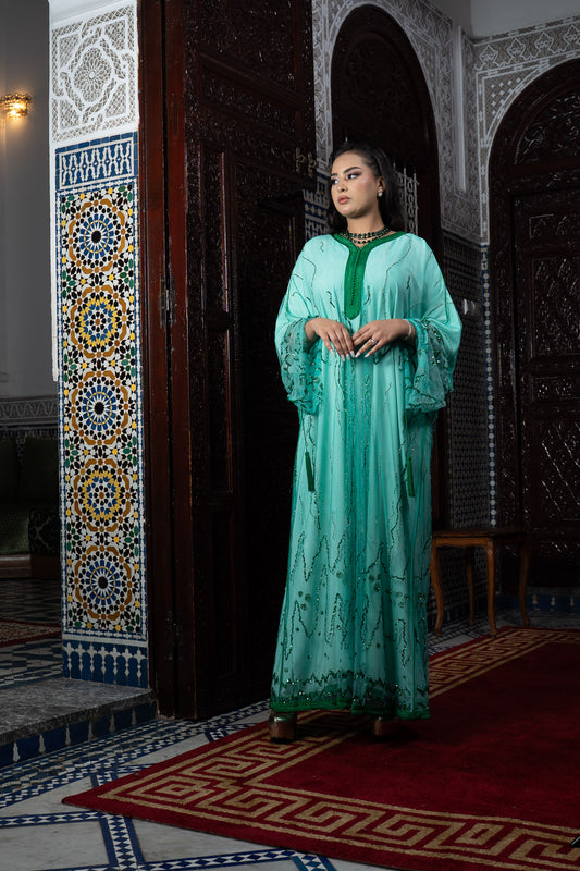 Caftan Élégance Vert Menthe Travail Sfifa à la Main