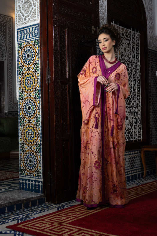 Caftan Couture Pêche aux Broderies Fuchsia