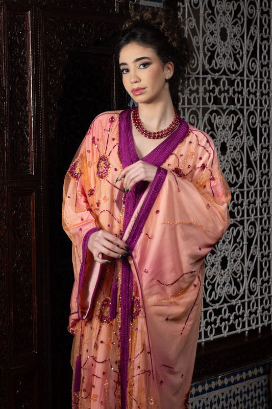 Caftan Couture Pêche aux Broderies Fuchsia