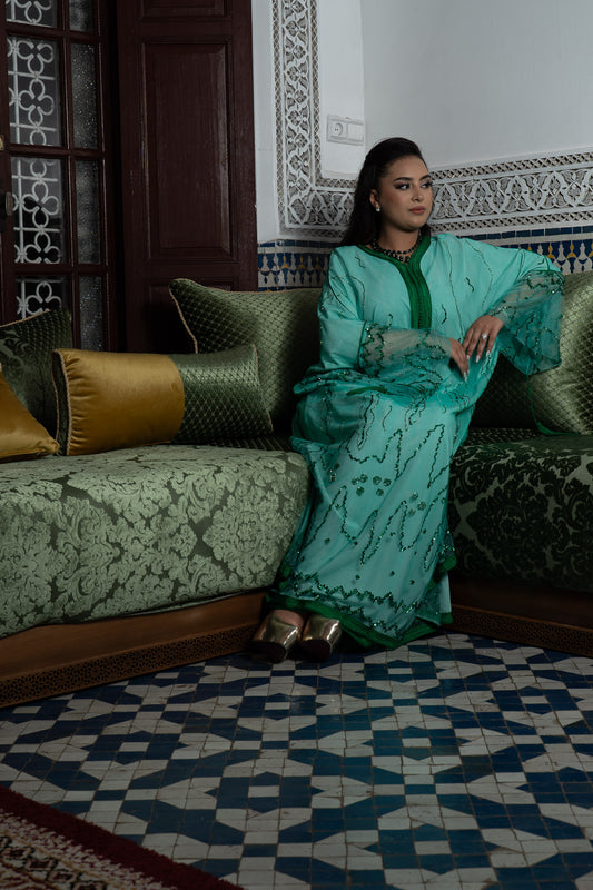 Caftan Élégance Vert Menthe Travail Sfifa à la Main