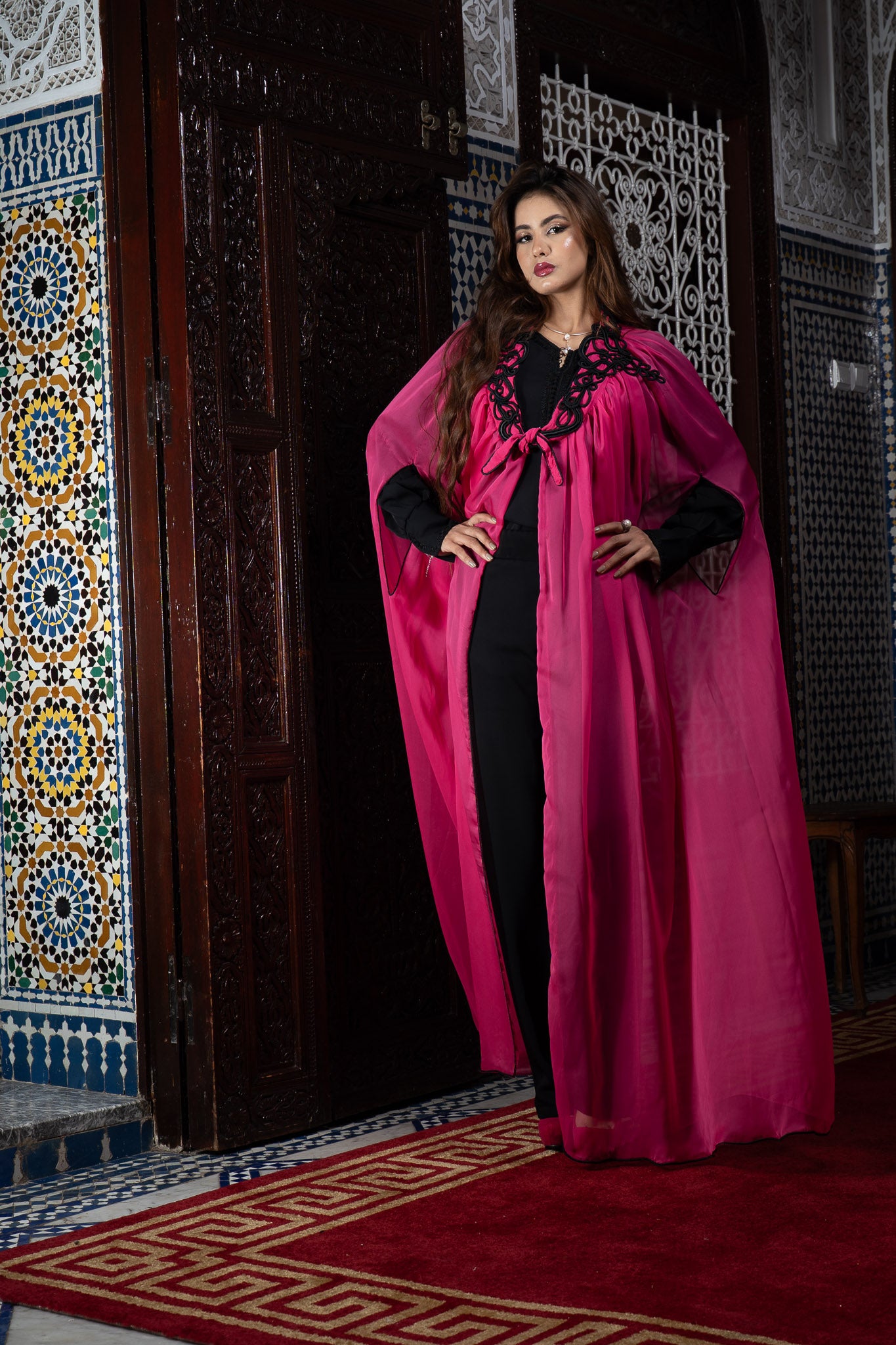 Selham Rose Fuchsia en Mousseline Broderie Maâlem Fait Main