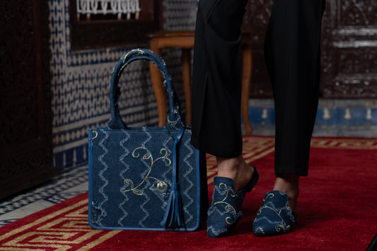 Ensemble Sac et Babouches Denim Brodé