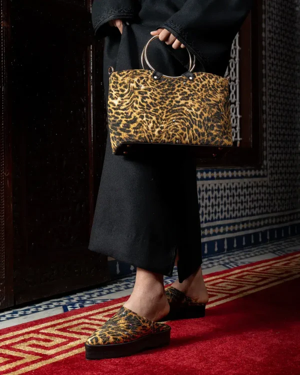 Sac et Mules Léopard à Poignées Métalliques avec or – création Rimania