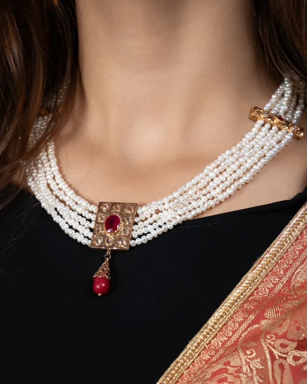 Collier Joher Prestige Multi-Rangs & Pendentif Argent Rôdé Or & Rubis avec perles – création Rimania