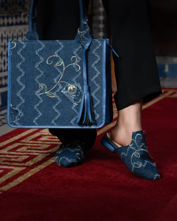 Ensemble Sac et Babouches Denim Brodé avec or – création Rimania